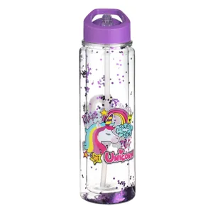 Sticla de apa cu perete dublu, 500 ml, transparenta, cu pai si capac mov, design unicorn cu sclipici