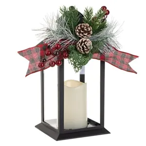 Felinar decorativ de Craciun negru cu lumanare LED și ramuri