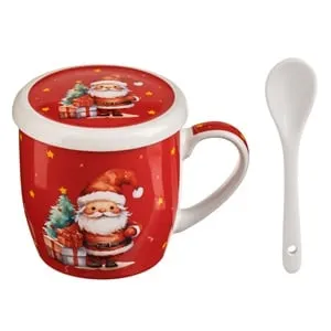 Set Cana de Craciun cu Capac si Lingurita, 3 piese Rosu