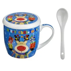 Set Cana de Craciun cu Ren cu Cadouri Portelan Bleu