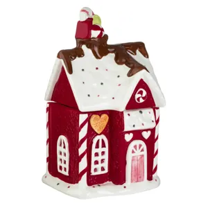 Recipient ceramic pentru biscuiti de Craciun, casa rosie decorativă