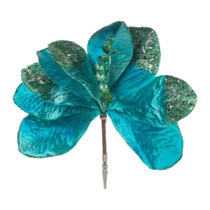 Floră Artificială Magnolie Turcoaz cu Glitter pentru Decorațiuni de Crăciun