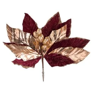 Floare decorativă catifelată cu clips, 32cm, Bordo și Bej Glitter