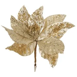 Floare decorativa de Craciun, Aurie cu Bej si Glitter, cu Clips, 26 cm