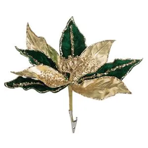 Ornamen Floral de Crăciun Verde cu Glitter Aur și Paiete, cu Clips