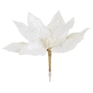 Floare decorativă de Crăciun cu clips, albă, cu mărgele și glitter, 28 cm