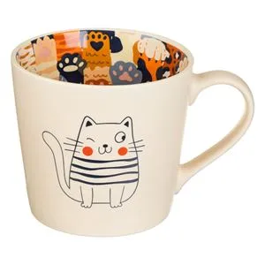 Cana Ceramică Ecru Mat cu Imprimeu Pisici, 420ml