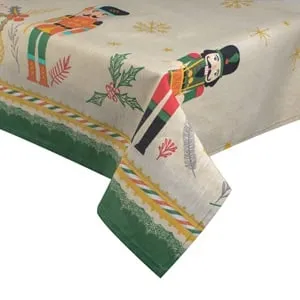 Fata de masă decorativă de Crăciun ecru verde cu spargători de nuci și fulgi