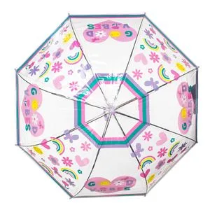 Umbrela de ploaie automata pentru copii, lila transparenta, cu maner baston, 82 cm