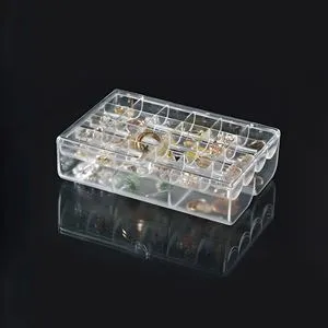 Organizator bijuterii din plastic transparent, 2 niveluri, 18x12x5 cm, cu raft detașabil și capac