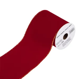 Panglică decorativă catifelată pentru brad de Crăciun, roșie cu margine aurie, 5 m x 100 mm