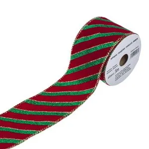 Panglica decorativa de Craciun, rosie cu dungi verzi si glitter, 5m x 63mm