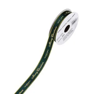 Panglică decorativă pentru brad de Crăciun, verde cu modele aurii, mesaj Merry Christmas, 5m x 16mm