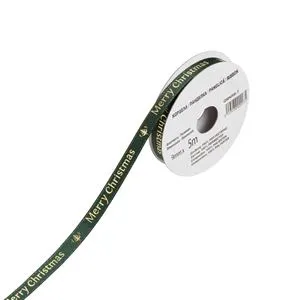 Panglică decorativă pentru brad de Crăciun, verde cu auriu, model brazi și mesaj Merry Christmas, 5m x 9mm
