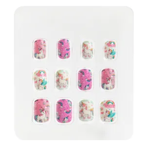 Unghii False Adezive pentru Copii, Roz cu Alb, Design Unicorn și Glitter, 12 bucăți