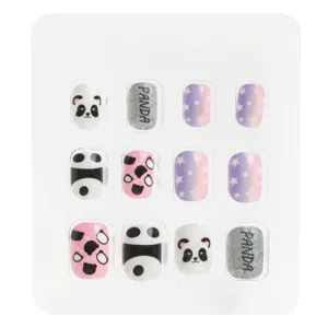Unghii False Copii Panda: Design Albe Roz Negre cu Glitter