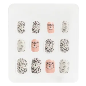 Unghii false adezive pentru copii, 12 buc, alb și roz cu glitter și model pisică