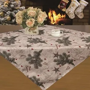 Fata de masa de Craciun Gri Bej Brad Stele Merry Christmas 80x80cm