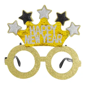 Ochelari New Year cu coroană și stele de glitter aur argintiu