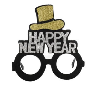 Ochelari Negri Happy New Year cu Palarie Glitter Argintiu