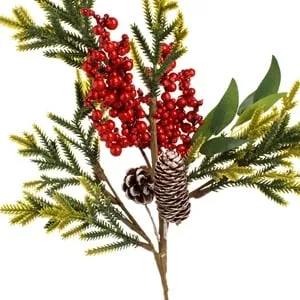 Ramura Decorativa de Craciun cu Fructe Rosii și Conuri