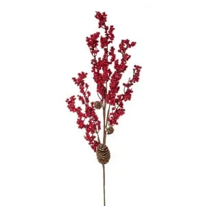 Ramură decorativă de Crăciun cu pomusoare roșii și conuri