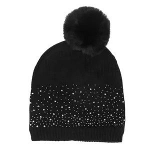 Caciula tricotata neagra cu strass si pompon pentru femei