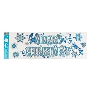 Autocolante Decorative de Craciun "Merry Christmas" Pasari Bleu Glitter Argintiu 20x60cm