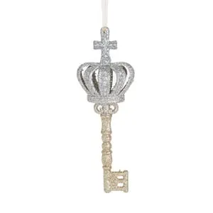 Ornament Brad de Craciun Cheie cu Coroană și Cruce în Argintiu Glitter