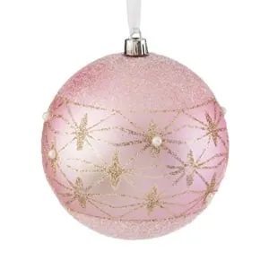 Glob Ornament Brad de Craciun Roz cu Glitter Bej și Strass