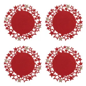 Set Suporturi Decorative Pahare din Feltru Rosu cu Stele și Glitter