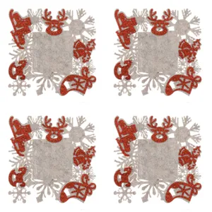 Set Suporturi Decorative de Crăciun din Fetru Bej Gri cu Fulgi Glitter Rosu