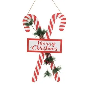 Tablă decorativă de Crăciun din lemn cu ramuri și acadele \"Merry Christmas\"