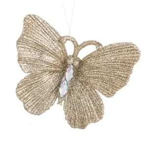Ornament Brad de Craciun Flutur Bej cu Glitter si Cristale