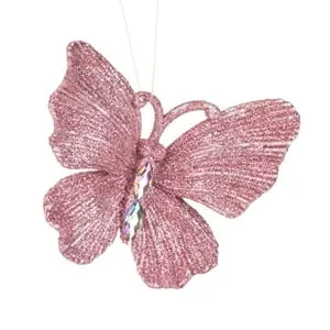 Fluture Roz Glitter și Cristale Ornament Brad de Crăciun 11x9cm
