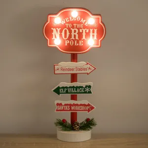 Tabela Decorativa de Craciun din Lemn Rosie "North Pole" cu Funda & Lumina 30.5cm