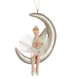 Ornament Crăciun Balerină Lună Alb-Auriu 11cm Polirasină