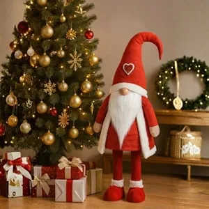 Figurina Decorativa de Craciun Gnome cu Miscare Caciula Rosie Paiete
