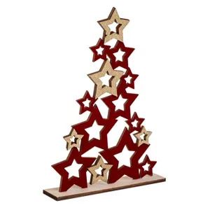 Tablă decorativă de Craciun din lemn cu stele catifelate și glitter roșu