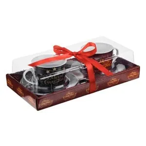Set Căni de Crăciun Portelan Negru Rosu cu Mesaje și Farfurie
