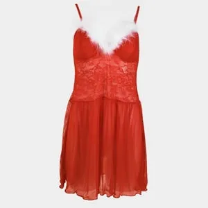 Lenjerie Intima Baby Doll de Craciun cu Dantela și Puf Alb pentru Femei