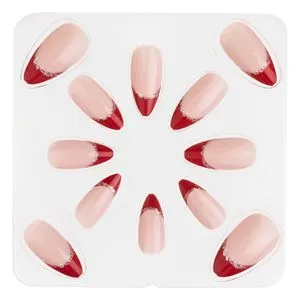 Set Unghii False Almond French cu Varf Rosu și Glitter Argintiu