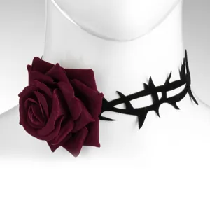 Colier Choker cu Trandafir și Spini, Negru Catifelat, Accesoriu Halloween