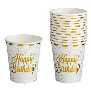 Set de 12 pahare petrecere carton alb cu dungi aurii Happy Birthday 240ml