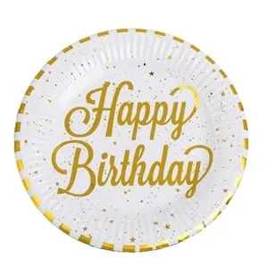 Farfurii de petrecere Happy Birthday carton alb cu dungi aurie