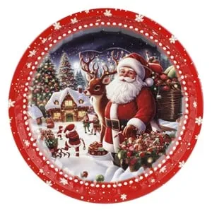 Farfurie metalică decorativă de Crăciun cu tema Santa și ren