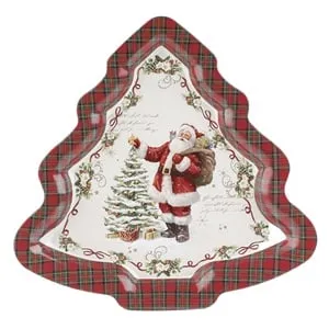 Platou metalic decorativ de Craciun, forma de brad, rosu in carouri, Mos Craciun, 31x30cm