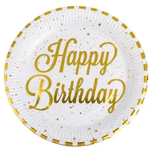 Farfurii de petrecere carton alb cu dungi aurie Happy Birthday