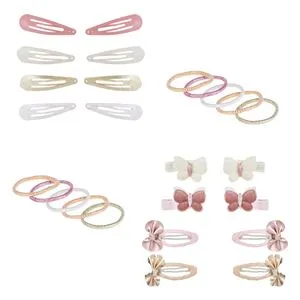 Set Accesorii Par pentru Copii, 26 buc, Clame cu Fluturi si Fundite, Elastice Lurex