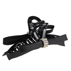 Clamă de păr cu fundiță satinată și strass, 11 cm, neagră
